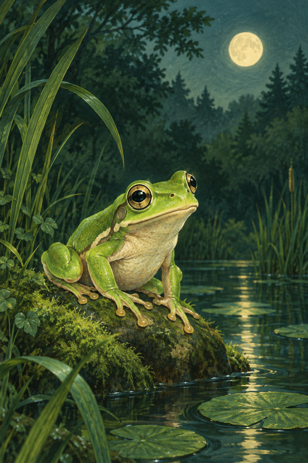 Illustrated green frog beside a pond